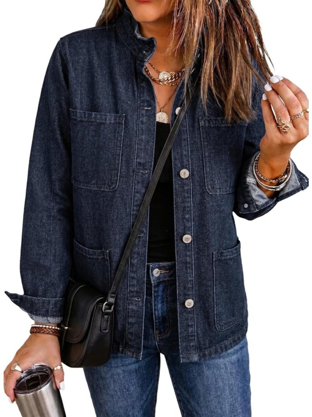 Women's Sail Blue Button Down Ruffle Casual Oversized Cropped Jacket with Pocket